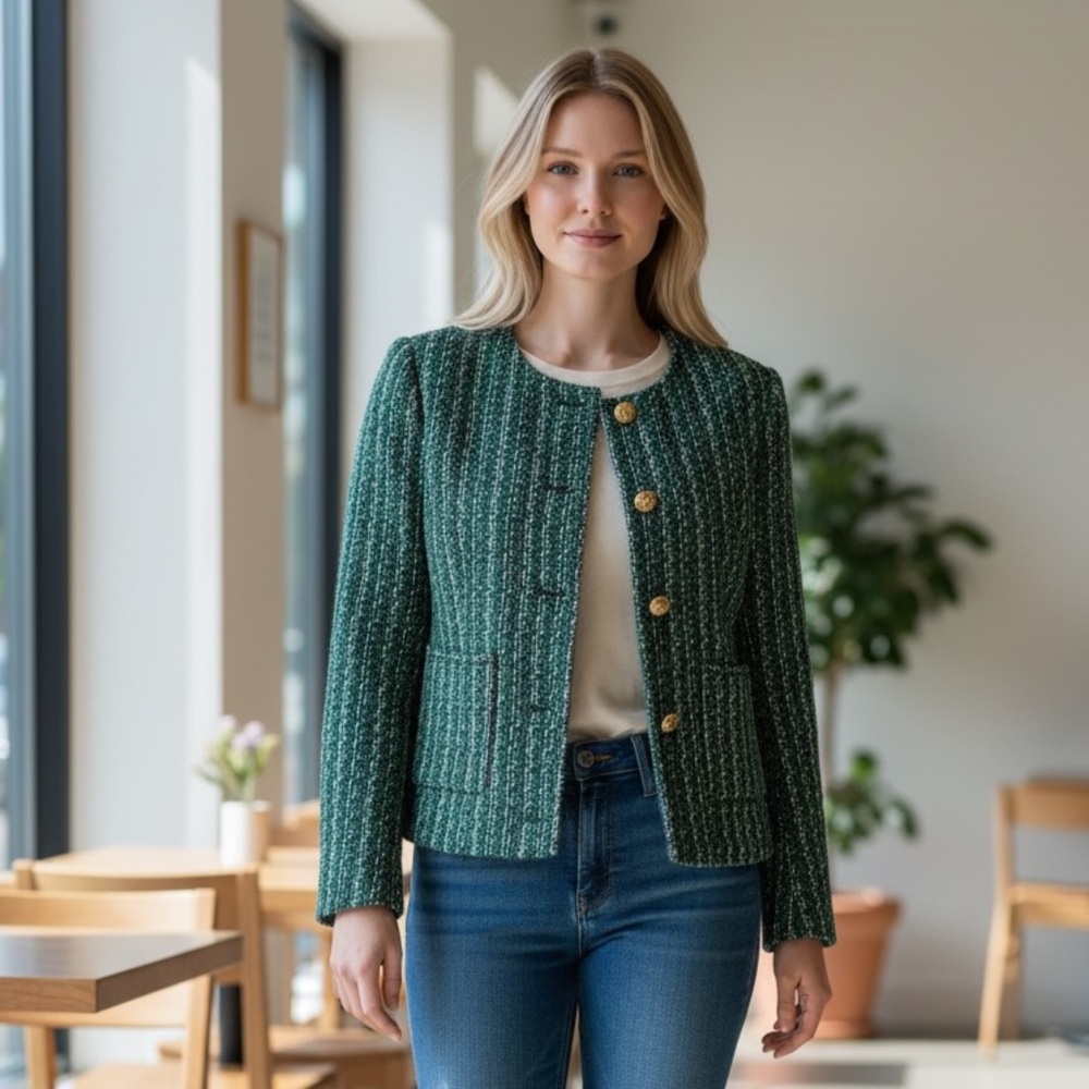 J. Crew Emerald Green Tweed Blazer with Gold Buttons